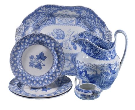 A selection of mostly Spode blue and white printed pearlware, first half 19th century, comprising: a 'Woodman' pattern jug, 2