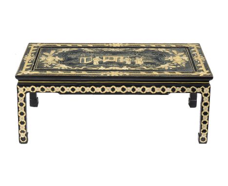 An ebonised hardwood coffee table in Chinese taste, 20th century, the top with figures in an exterior, 37cm high, 99cm wide, 