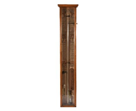 An oak cased Admiral Fitzroy barometer, circa 1900, with printed paper labels to the case each printed with observations and 