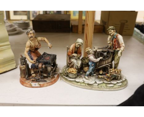 A Capodimonte figure group of a peasant family with organ grinder together with a smaller figure of a blacksmith,Organ grinde