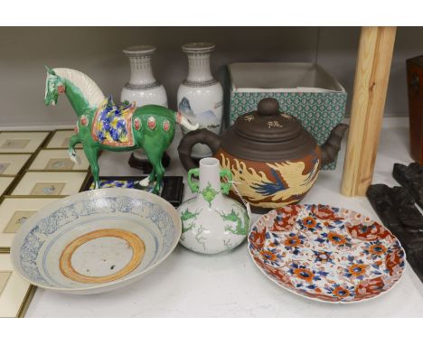 Various Chinese ceramics including a horse model, pair of horse vases, a dragon vase, a blue and white dish, large teapot, an