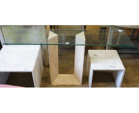 A contemporary rectangular glass topped and reconstituted marble console table, width 130cm, depth 33cm, height 72cm
