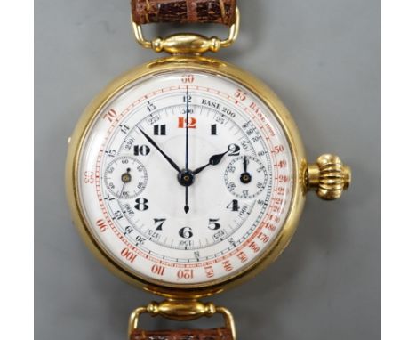 A gentleman's early 20th century 18k single button chronograph manual wind wrist watch, with enamelled Arabic dial and two su