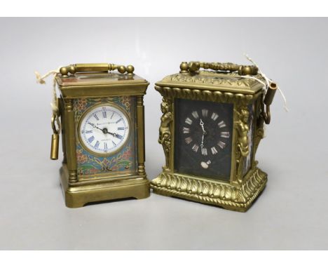 Two small reproduction brass and enamel and brass and cloisonné carriage timepieces,largest 8 cms high.