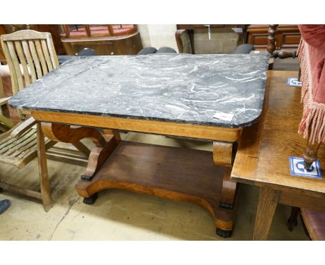 A 19th century French bird's eye maple marble topped console table, width 130cm, depth 64cm, height 89cm