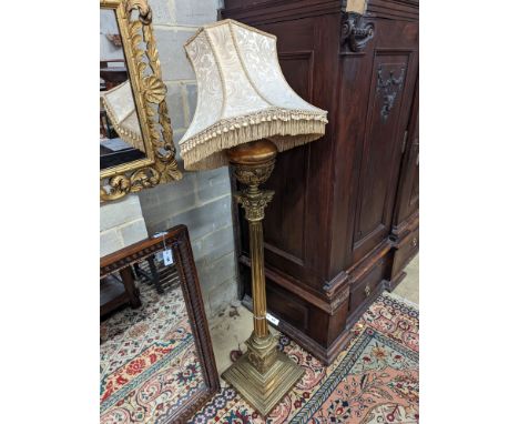 A late Victorian lacquered brass corinthian column oil lamp standard, converted to electricity, height excluding shade 144cm