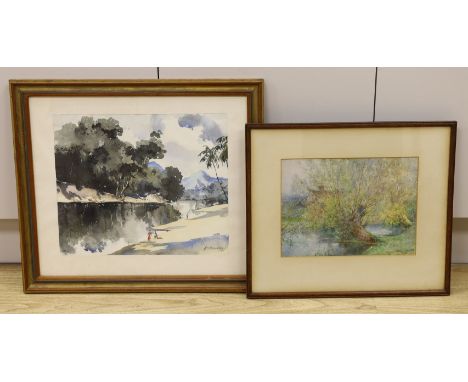 K. Piyadasa, watercolour, Asian river landscape, signed, 34 x 40cm and a watercolour of willow trees by Arthur Legge, dated 1