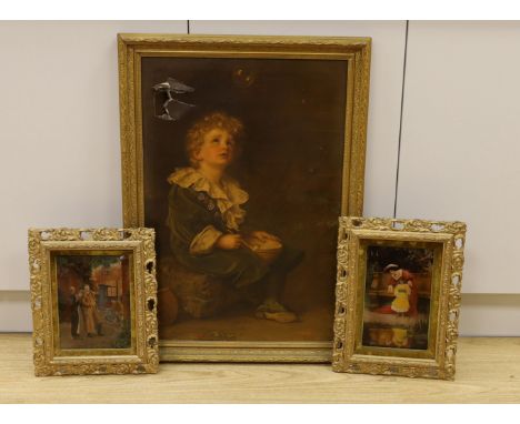 Two chrystoleums, Mother and child beside a pond and Figures waving goodbye, 26 x 16cm and a Pears print of Bubbles, 70 x 47c