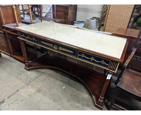 An Empire style parcel gilt and faux malachite marble top console table with concave undertier, width 154cm, depth 65cm, heig