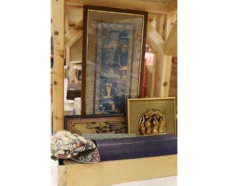 Two Chinese carved gilt wooden panels, a cased set of chopsticks, a boxed silk woven scroll and lacquer mahjong stands, a han