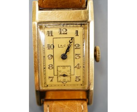 A gentleman's yellow metal Laco manual wind wrist watch, on associated leather strap.