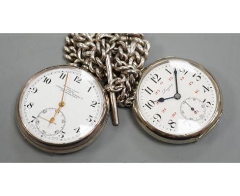 A 1930's silver open face pocket watch by Kendal &amp; Dent and a chrome cased Longines pocket watch, both with alberts, one 