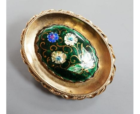 A 1960's 9ct gold and polychrome enamel set oval pendant locket, 42mm, gross 14 grams.
