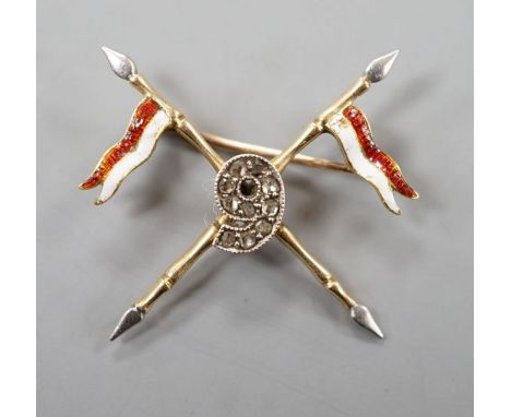 An early 20th century yellow and white metal two colour enamel and diamond chip set 9th Bengal lancers sweethearts brooch, wi