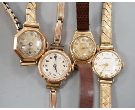 Three lady's early to mid 20th century 9ct gold manual wind wrist watches, one on a 9ct bracelet and one other yellow metal w