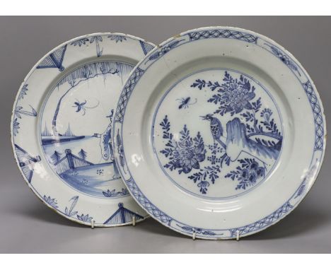 Two 18th century English delftware chargers - 33.5cm diameter