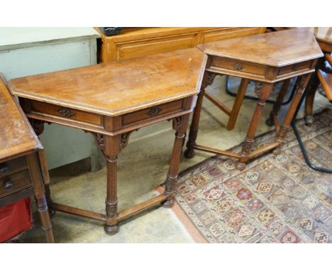 A pair of early 20th century carved mahogany console tables, width 89cm, depth 34cm, height 75cm