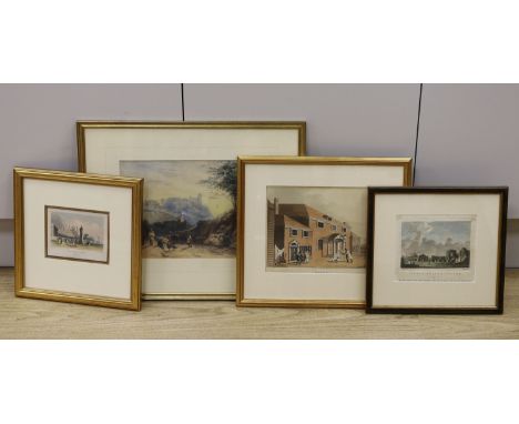 H.J. Gibbins (fl.1871-2), watercolour, 'Lewes', signed, 22 x 31cm, with two engravings of Lewes and a small print of The Pavi