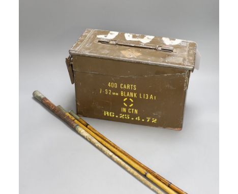 A Royal Engineers swagger stick, another swagger stick and one whip and a 1969 ammunition box