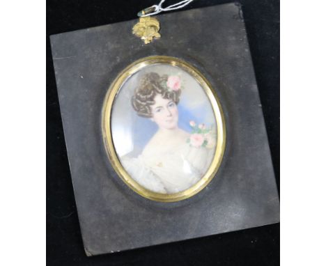 A 19th century miniature portrait - Lady wearing a rose in her hair