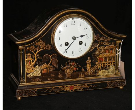 An early 20th century black japanned chinoiserie mantel clock