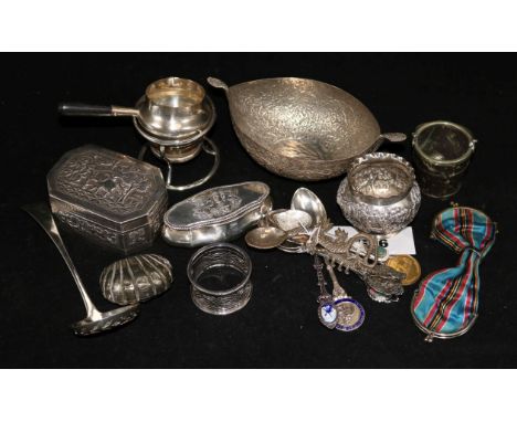 Assorted silver and plated ware including a silver trinket box with Reynold's Angels decorated lid.