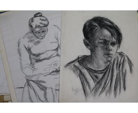 A folio of charcoal figure studies by Wyn Casbolt and Pascal de Souza, portrait of a boy 50 x 32cm, unframed