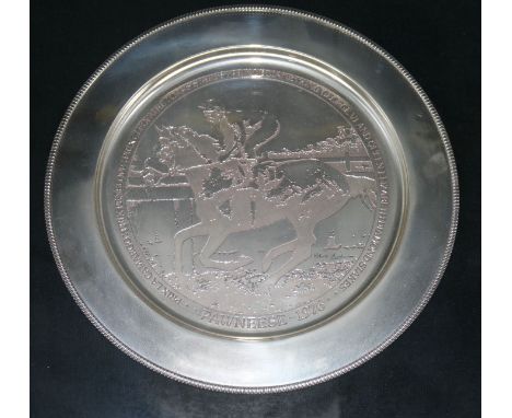 A framed limited edition silver commemorative dish relating to 'Pawneese' Champion Racehorse, 1976, by Stuart Devlin, number 