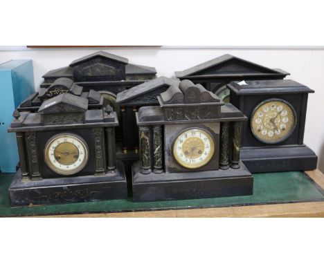 A collection of slate mantel clocks and clock cases, etc.