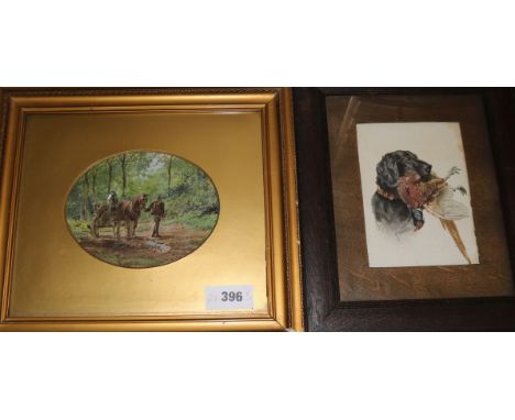 An R. Watson watercolour of a gun dog with a pheasant and a watercolour of a Carter, 17 x 12cm and 13 x 17cm
