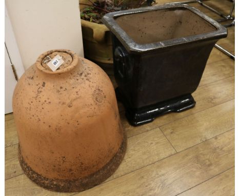 A glazed stoneware planter and a terracotta rhubarb forcer and cover, H.55cm planter