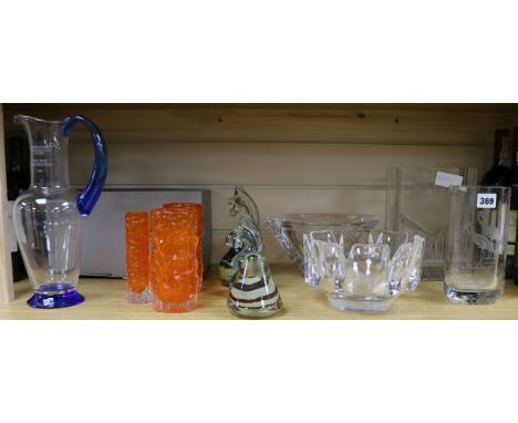 A group of Whitefriars tangerine glass vases, Orrefors glass and other Scandinavian glass and three Mdina paperweights