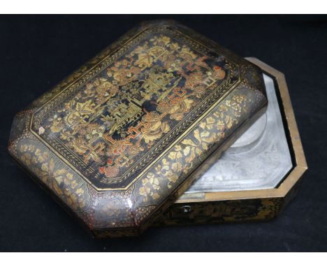 An Oriental lacquer tea caddy