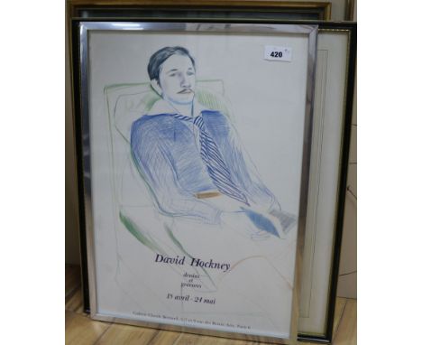 A David Hockney Exhibition poster, a map of Wiltshire and three other prints