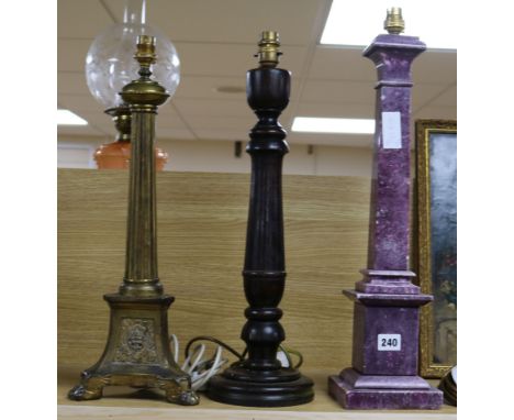 Three marble, brass and wooden lamp bases