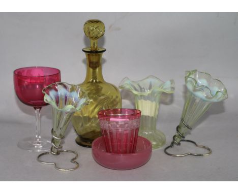 A group of Victorian glass to include three vaseline trumpet vases, a dish, two glasses and a liqueur decanter