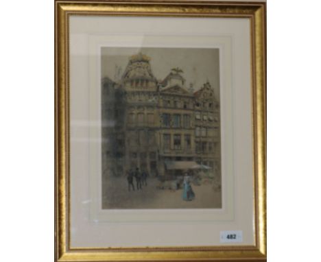 Amedee Forestier, hand tinted lithograph, houses in Brussels, 37 x 27cm