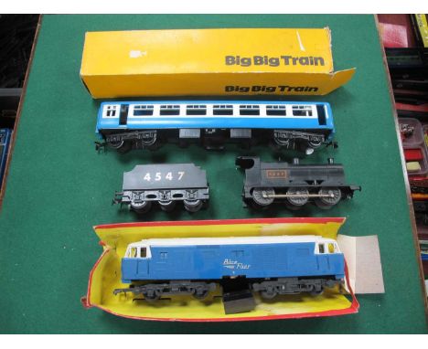 A Triang O Gauge Big Train Hymek Locomotive. Together with a Lima 3F Tender Locomotive and a Boxed Triang Big Big Train Coach