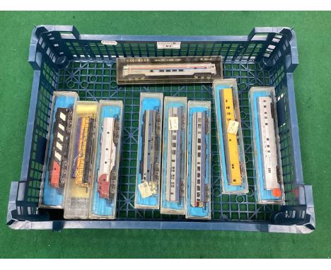 Four N Gauge American Outline Diesel Locomotives by Atlas and other. Together with Five Passenger Cars by Bachmann and Atlas,
