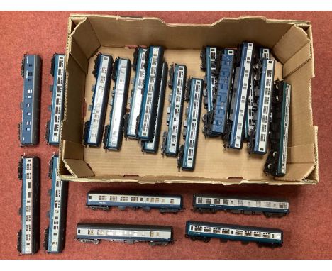 Twenty Three OO Gauge BR Blue/Grey Coaches by Hornby, Lima and other, playworn.