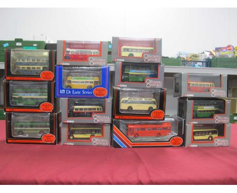 Fourteen 1:76th Scale Diecast Model Buses by EFE, Corgi, boxed.