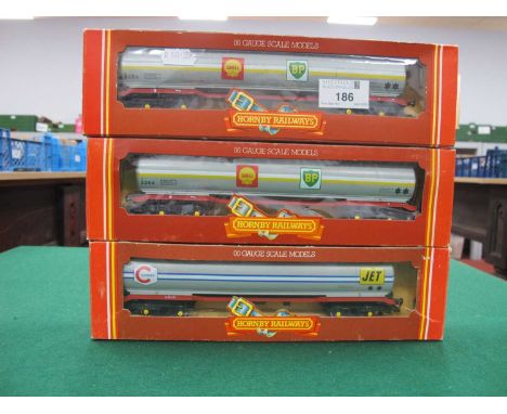 Three Boxed Hornby OO Gauge Bogie Tanker Wagons in Shell, BP and Jet liveries.