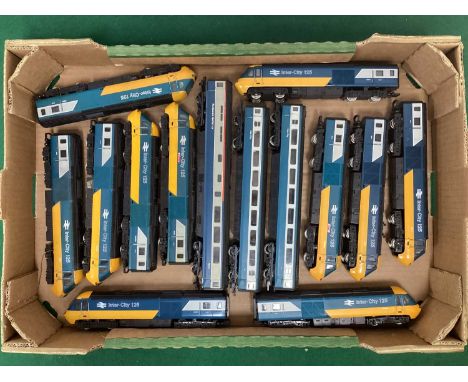 Eleven OO Gauge Inter City 125 Power Cars and Dummy Cars together with Three Trailer Cars, all in blue/grey, by Lima, Hornby,