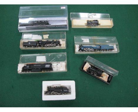 Seven American Outline N Gauge Locomotives by Bachmann, Life Like and Atlas, playworn, untested, mostly boxed.