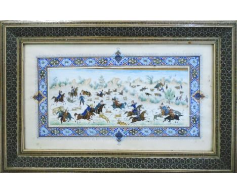 PERSIAN SCHOOL, 'Hunting Scene', tempera, 11cm x 27cm, framed and glazed.