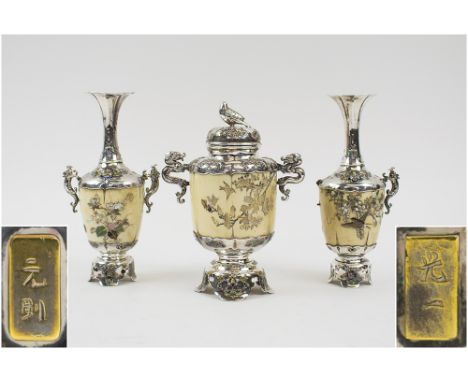 JAPANESE TRIO OF VASES, early 20th century Meiji period, bone and silver inset mother of pearl and coloured stone naturalisti