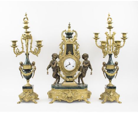 CLOCK GARNITURE, Louis XVI style, gilt metal and marble, striking movement, 63cm H, together with candelabra side pieces, 69c