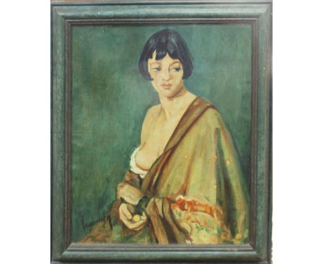 20TH CENTURY SCHOOL, 'Portrait of a lady', oil on canvas, signed lower left, 59cm x 49cm, framed.