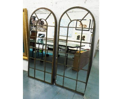 GARDEN MIRRORS, a pair, Architectural design with arched metal frame, 158cm x 66cm. (2)