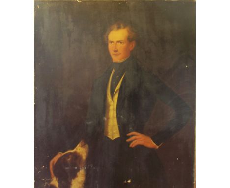 19TH CENTURY SCHOOL, 'Portrait of a gentleman and dog', oil on canvas, 127cm x 101cm, unmounted. (with faults)